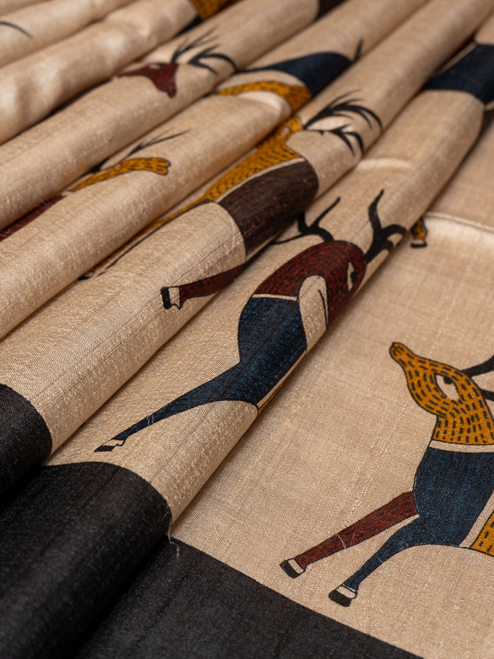 Black Hand Printed Pure Tussar Silk Designer Saree - Clio Silks