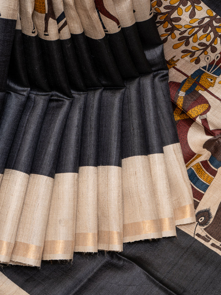 Black Hand Printed Pure Tussar Silk Designer Saree - Clio Silks