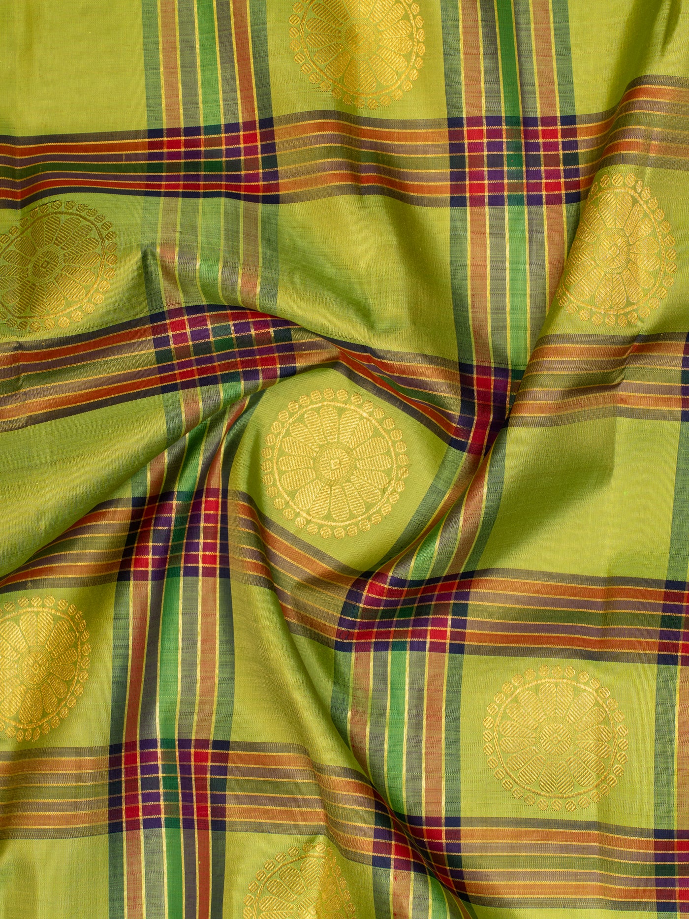 Kelly green vintage checks pure zari Kanchipuram silk saree