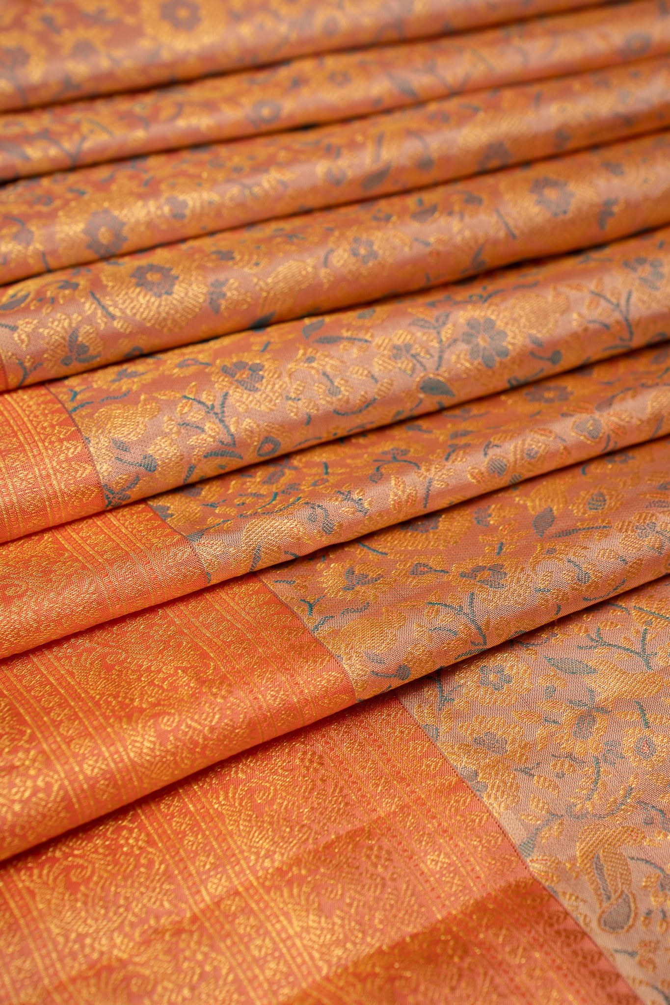 Pastel Peach Floral Paithani Pure Kanchipurm Silk Saree - Clio Silks
