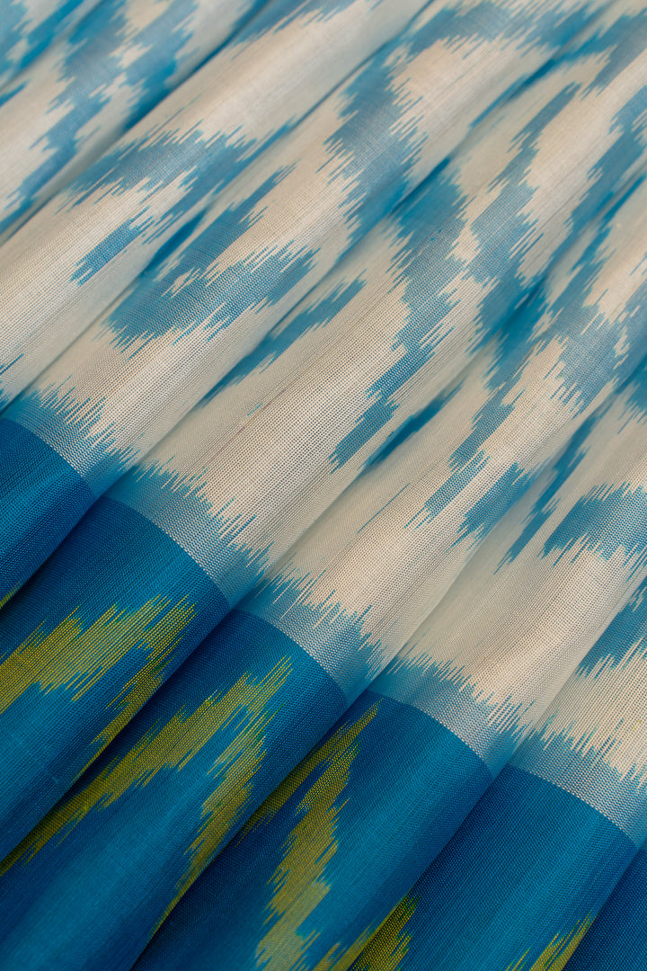 White and blue ikat pure soft silk saree