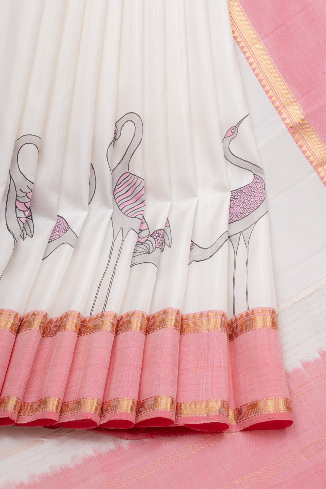 Pearl white and pink handpainted pure kanchipuram silk saree