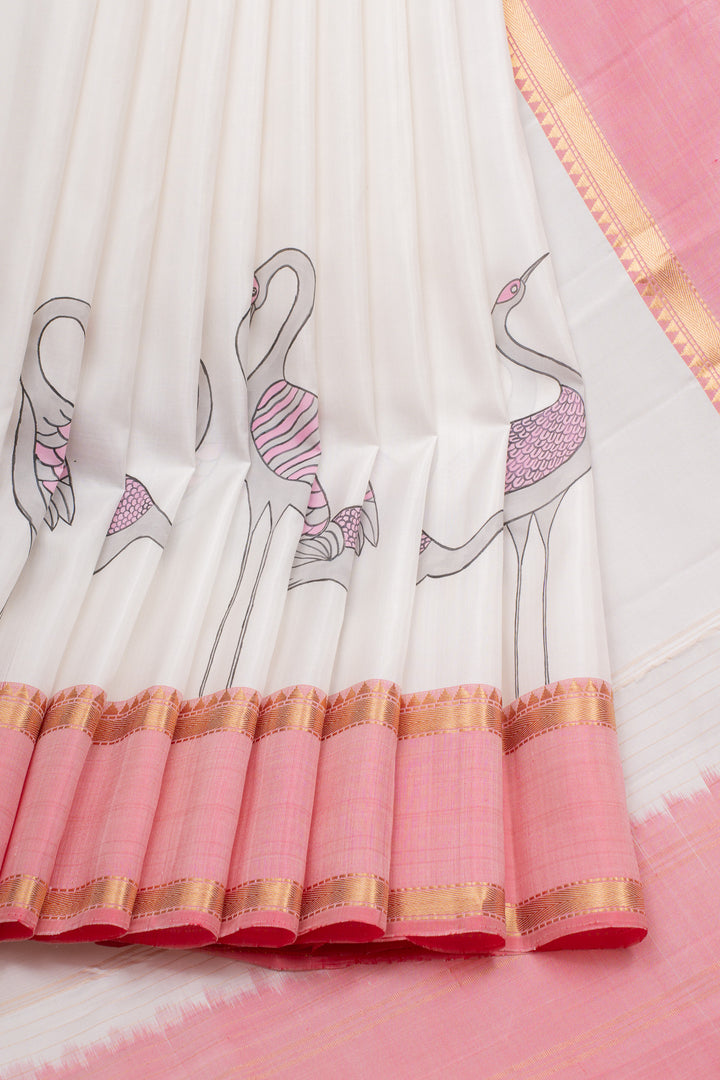 Pearl white and pink handpainted pure kanchipuram silk saree