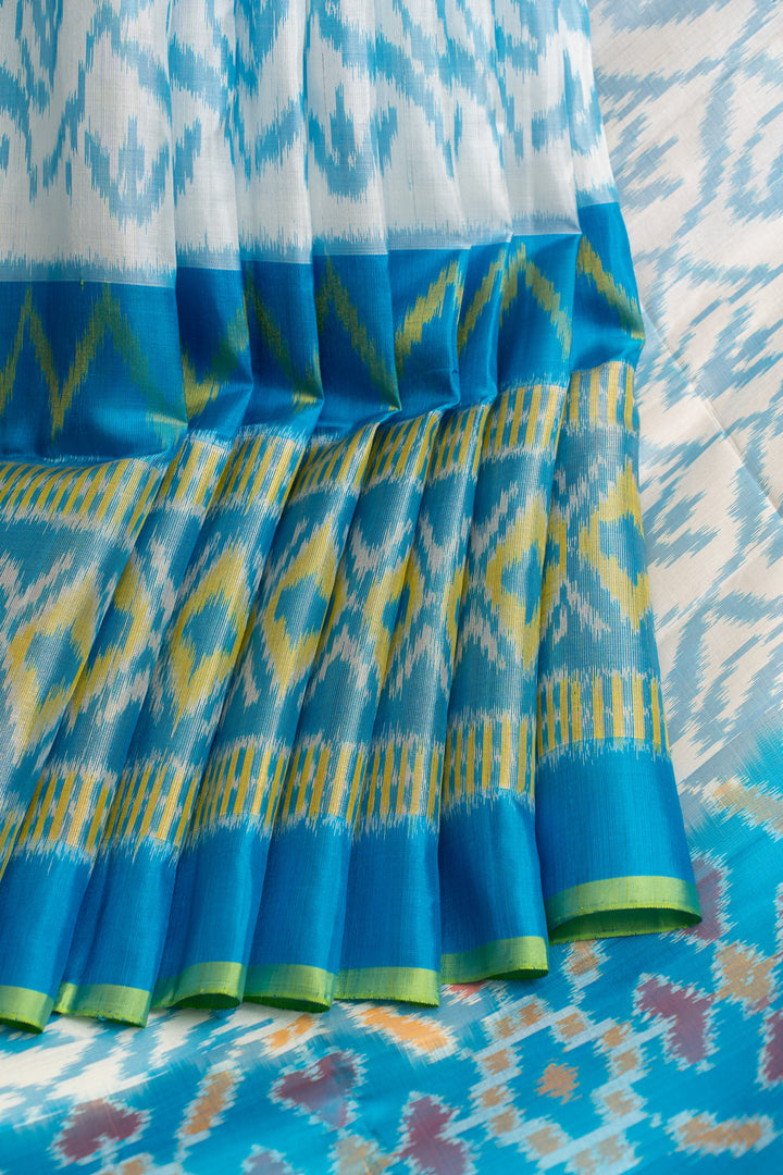 White and blue ikat pure soft silk saree