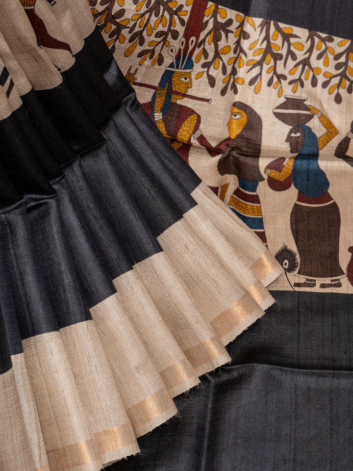 Black Hand Printed Pure Tussar Silk Designer Saree - Clio Silks