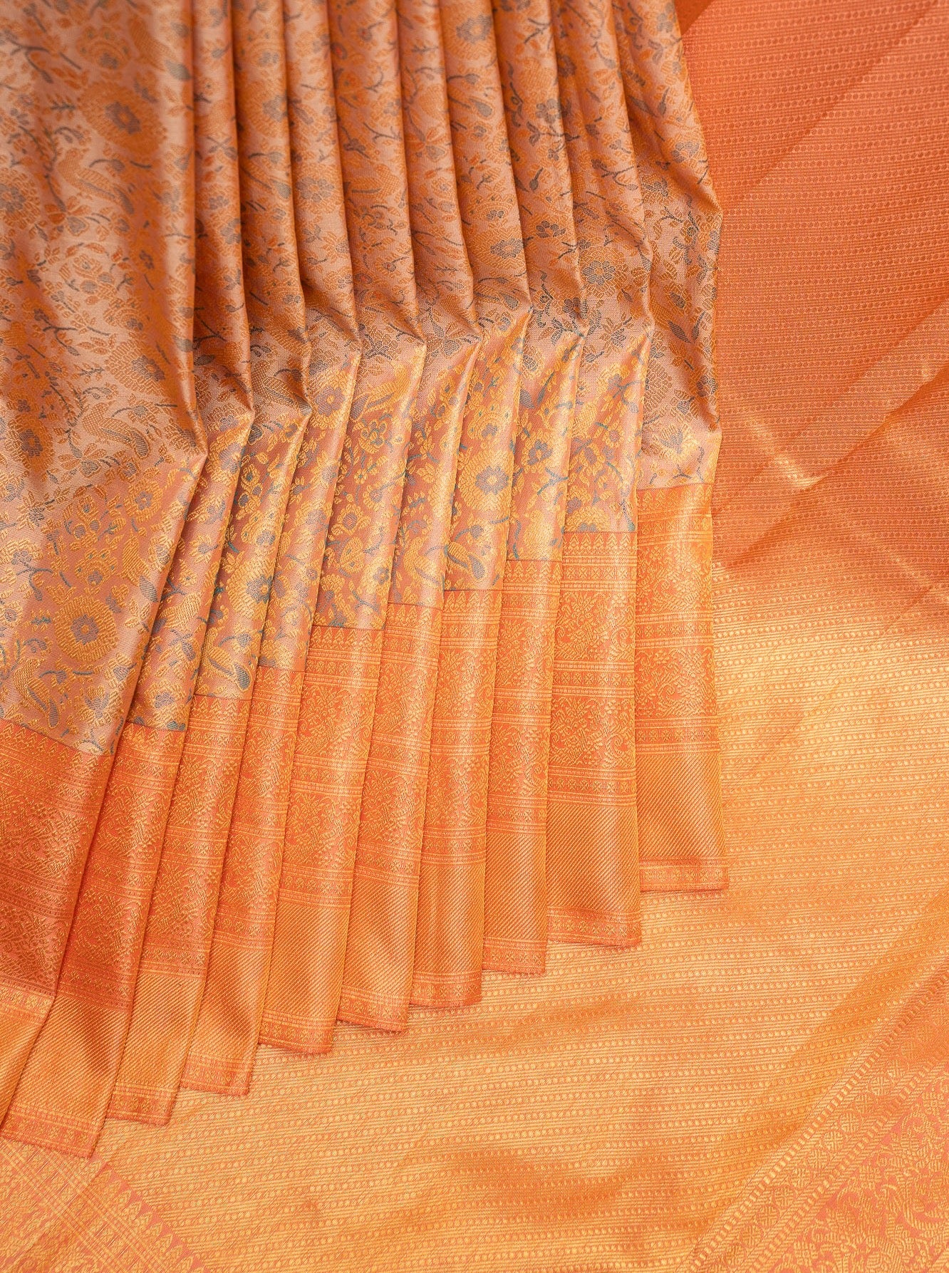 Pastel Peach Floral Paithani Pure Kanchipurm Silk Saree - Clio Silks