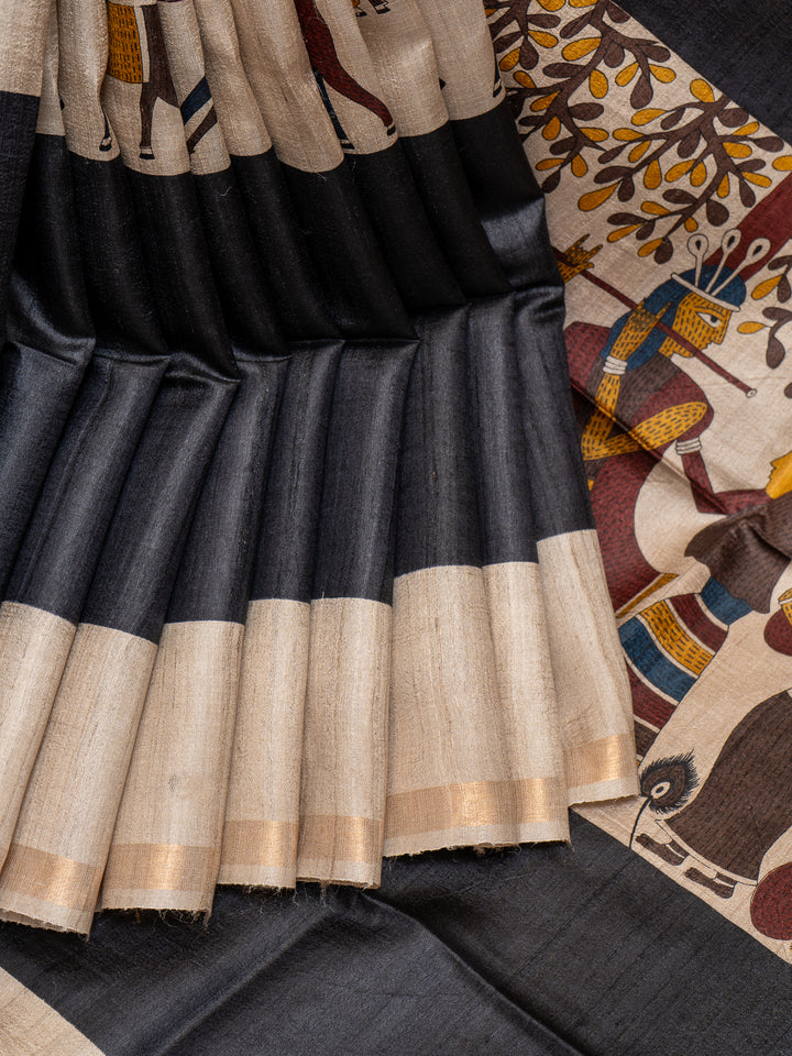 Black Hand Printed Pure Tussar Silk Designer Saree - Clio Silks