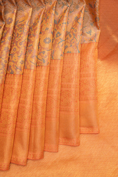 Pastel Peach Floral Paithani Pure Kanchipurm Silk Saree - Clio Silks