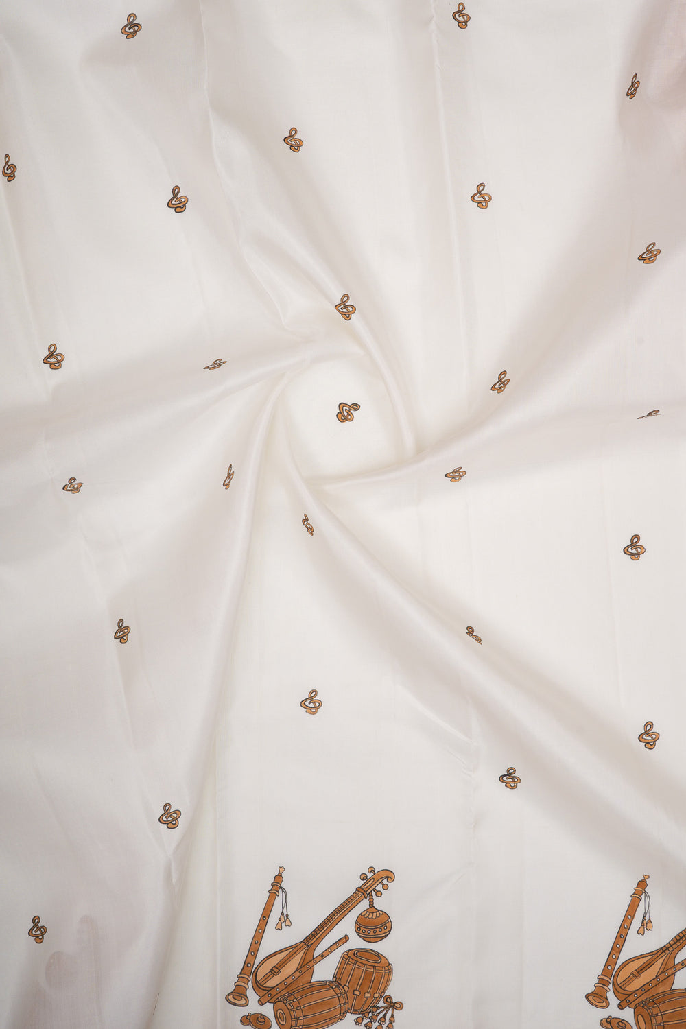 Pearl white and apricot peach handpainted pure kanchipuram silk saree