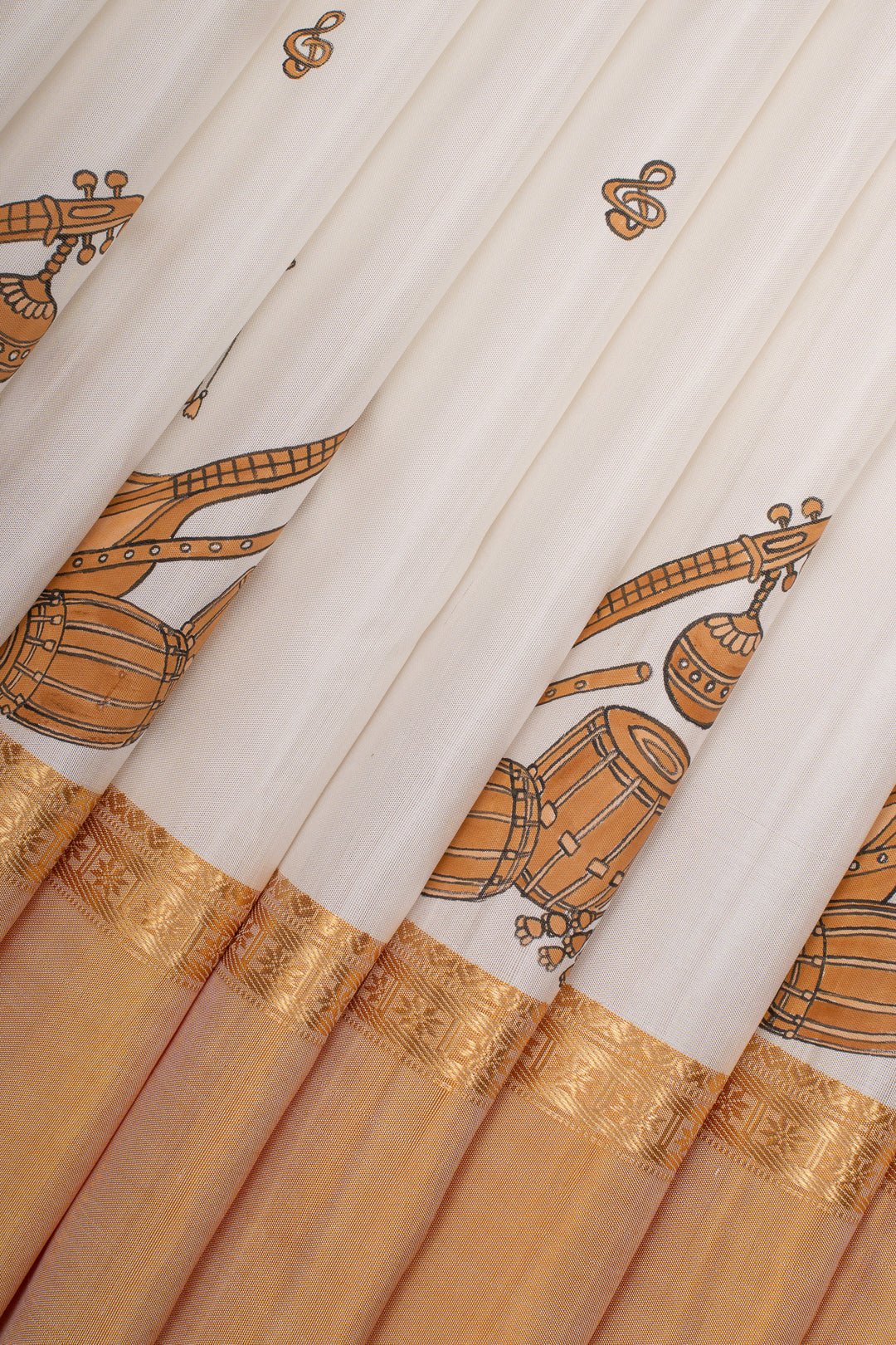 Pearl white and apricot peach handpainted pure kanchipuram silk saree