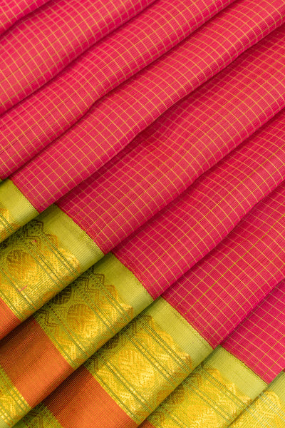 Magenta checks and green pure silk cotton saree