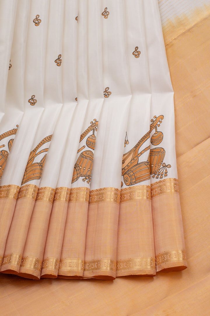 Pearl white and apricot peach handpainted pure kanchipuram silk saree