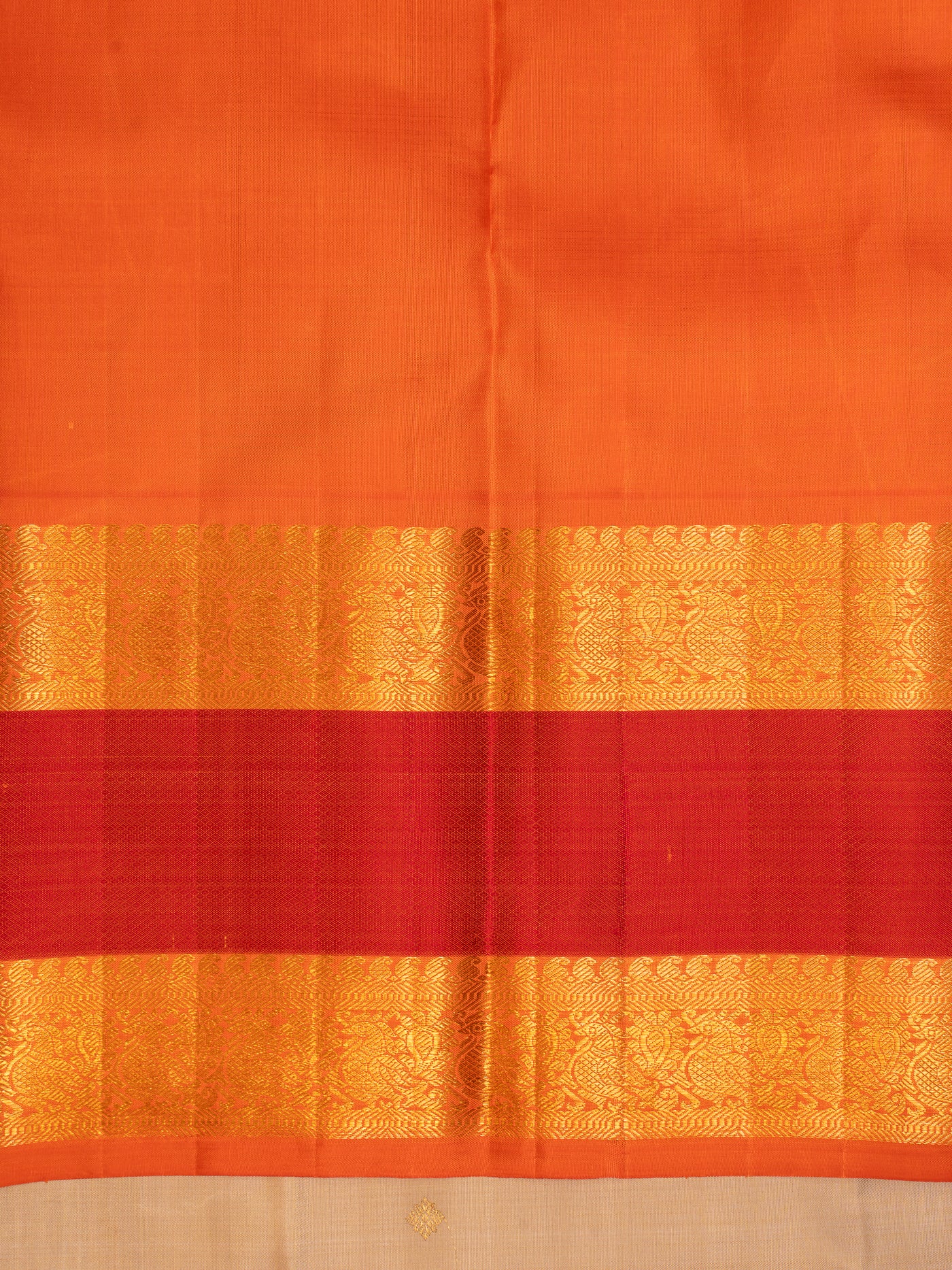 Cosmic Beige and Peach Rettai Pettu Pure Zari Kanchipuram Silk Saree