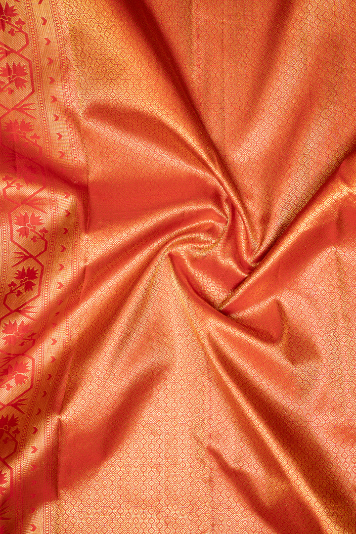 Peach Orange Floral Paithani Pure Kanchipuram Silk Saree - Clio Silks