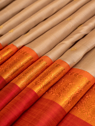 Cosmic Beige and Peach Rettai Pettu Pure Zari Kanchipuram Silk Saree