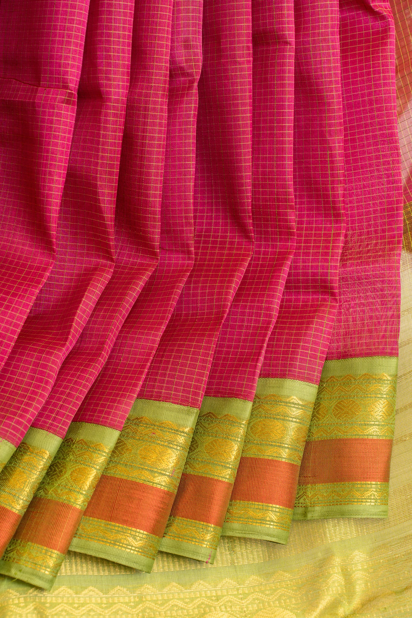 Magenta checks and green pure silk cotton saree