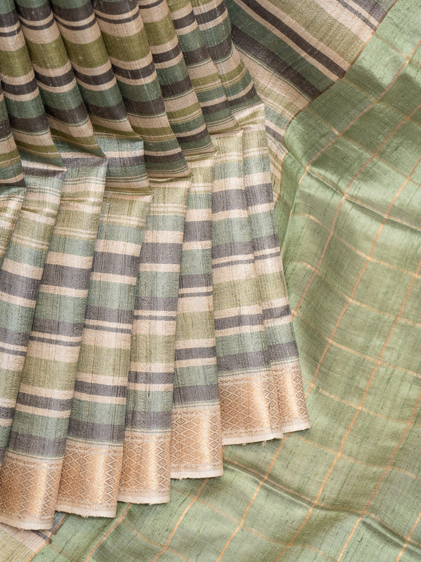 Pastel Green Stripes Pure Tussar Designer Saree - Clio Silks