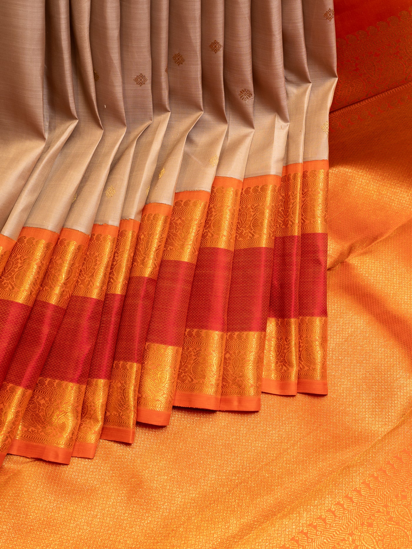 Cosmic Beige and Peach Rettai Pettu Pure Zari Kanchipuram Silk Saree