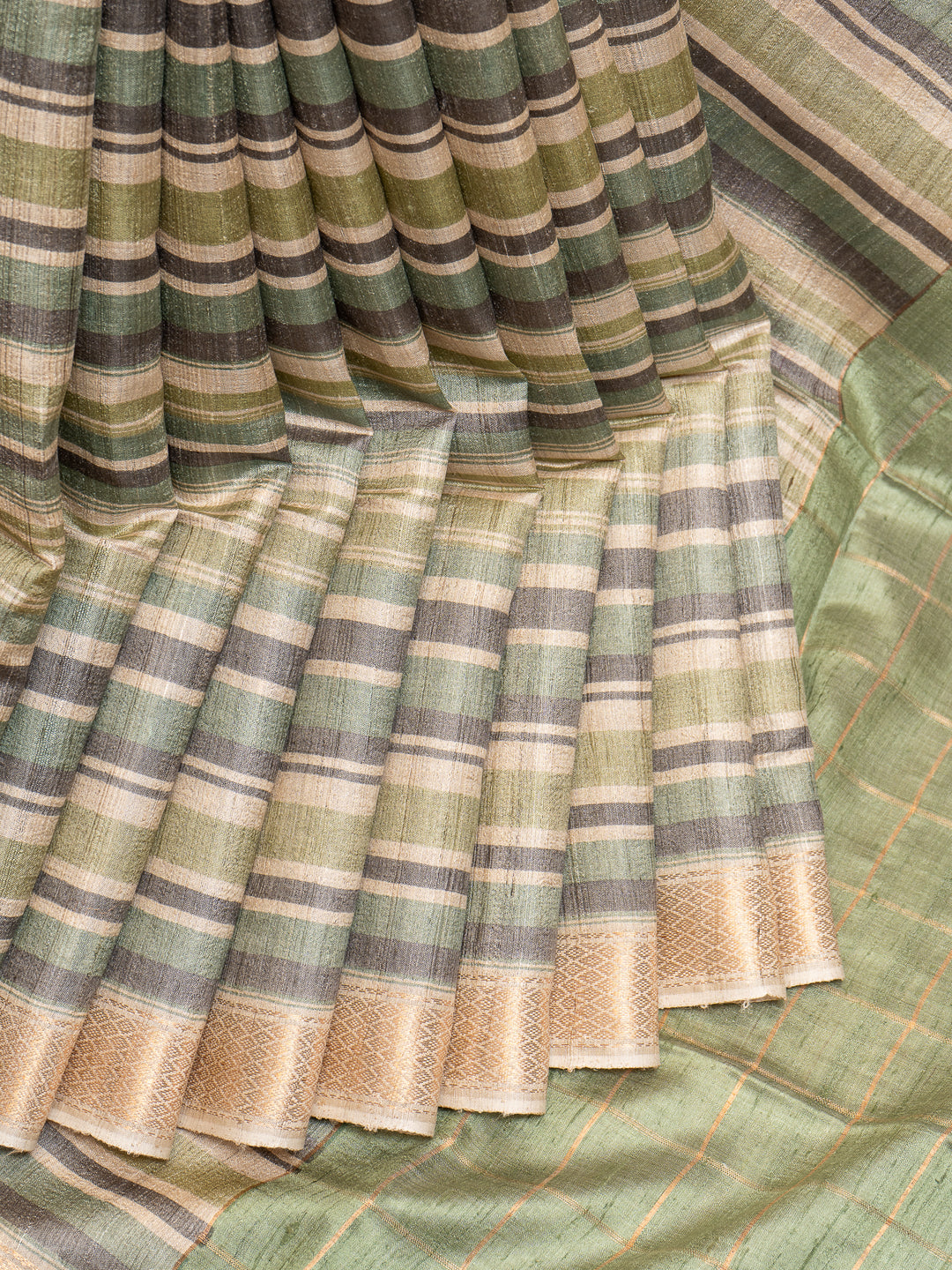 Pastel Green Stripes Pure Tussar Designer Saree - Clio Silks