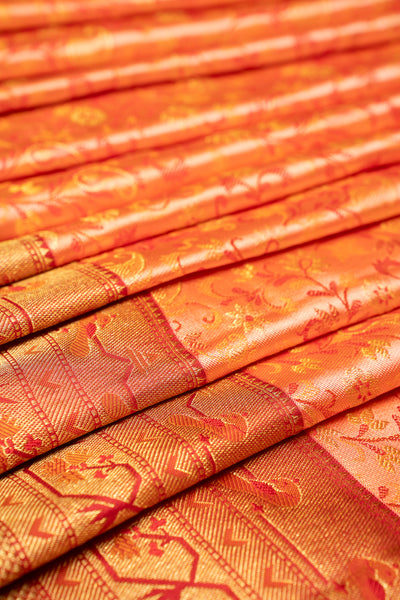 Peach Orange Floral Paithani Pure Kanchipuram Silk Saree - Clio Silks