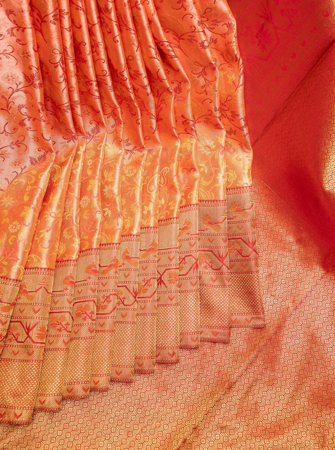 Peach Orange Floral Paithani Pure Kanchipuram Silk Saree - Clio Silks