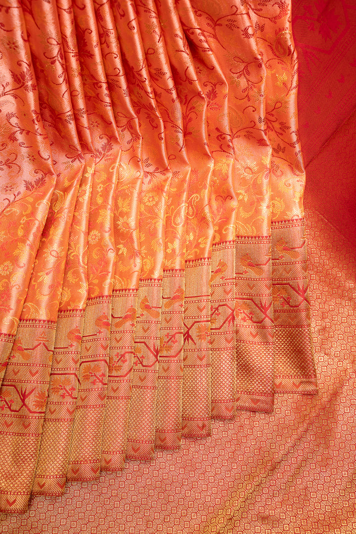 Peach Orange Floral Paithani Pure Kanchipuram Silk Saree - Clio Silks