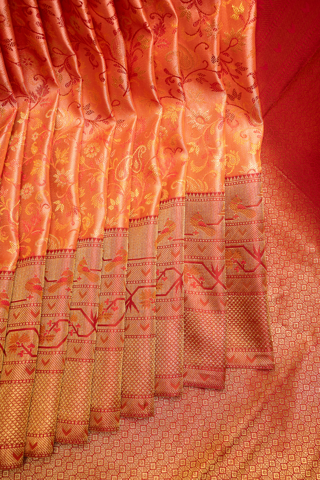 Peach Orange Floral Paithani Pure Kanchipuram Silk Saree - Clio Silks