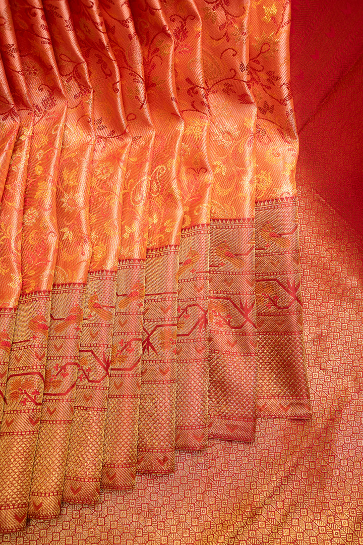 Peach Orange Floral Paithani Pure Kanchipuram Silk Saree - Clio Silks