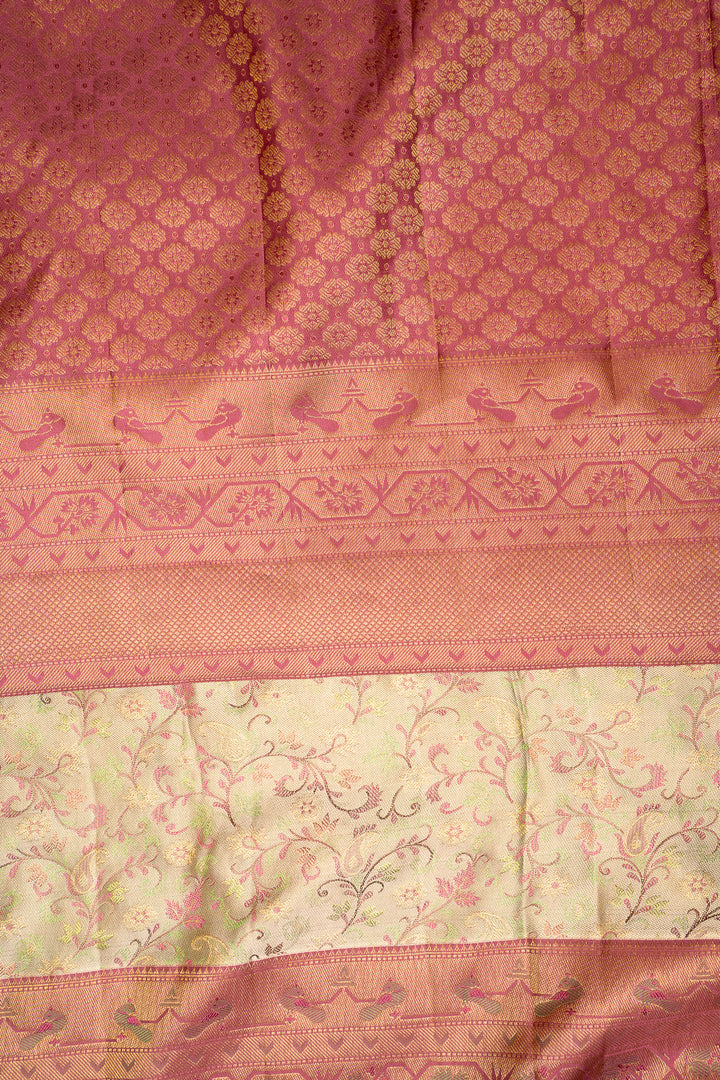 Pastel Green Floral Paithani Brocade Pure Kanchipuram Silk Saree - Clio Silks