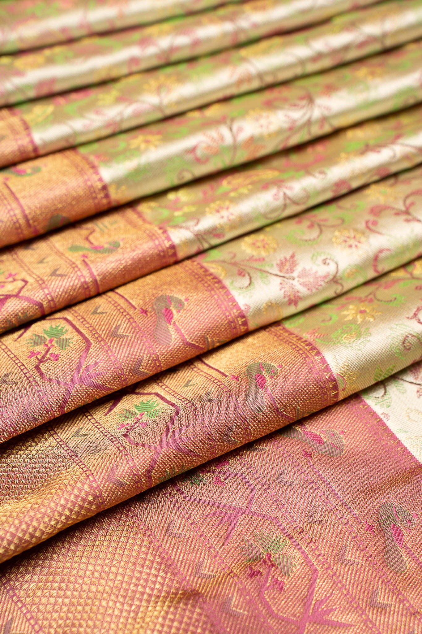 Pastel Green Floral Paithani Brocade Pure Kanchipuram Silk Saree - Clio Silks
