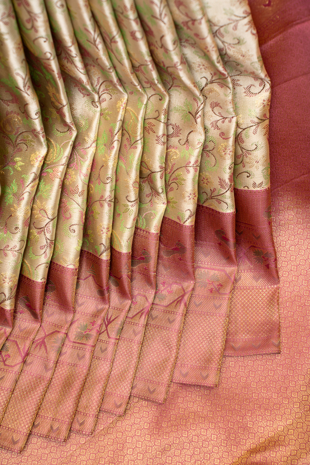 Pastel Green Floral Paithani Brocade Pure Kanchipuram Silk Saree - Clio Silks