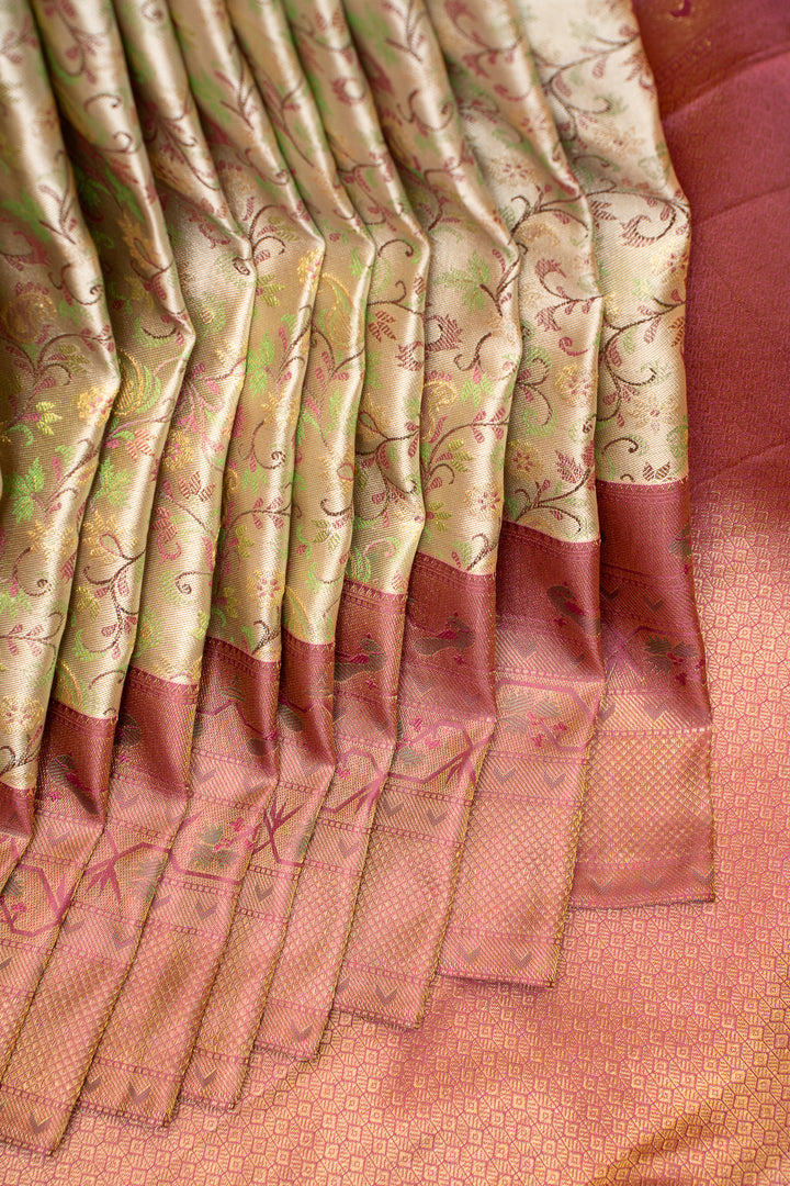 Pastel Green Floral Paithani Brocade Pure Kanchipuram Silk Saree - Clio Silks