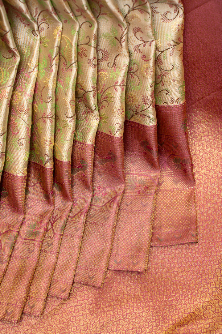 Pastel Green Floral Paithani Brocade Pure Kanchipuram Silk Saree - Clio Silks