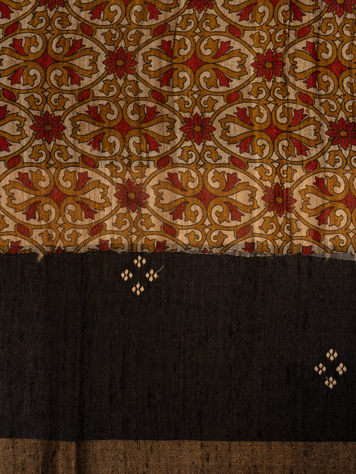 Black Embroidered Kalamkari Hand Printed Pure Tussar Saree - Clio Silks
