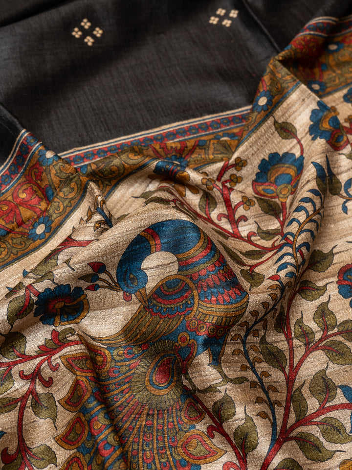 Black Embroidered Kalamkari Hand Printed Pure Tussar Saree - Clio Silks