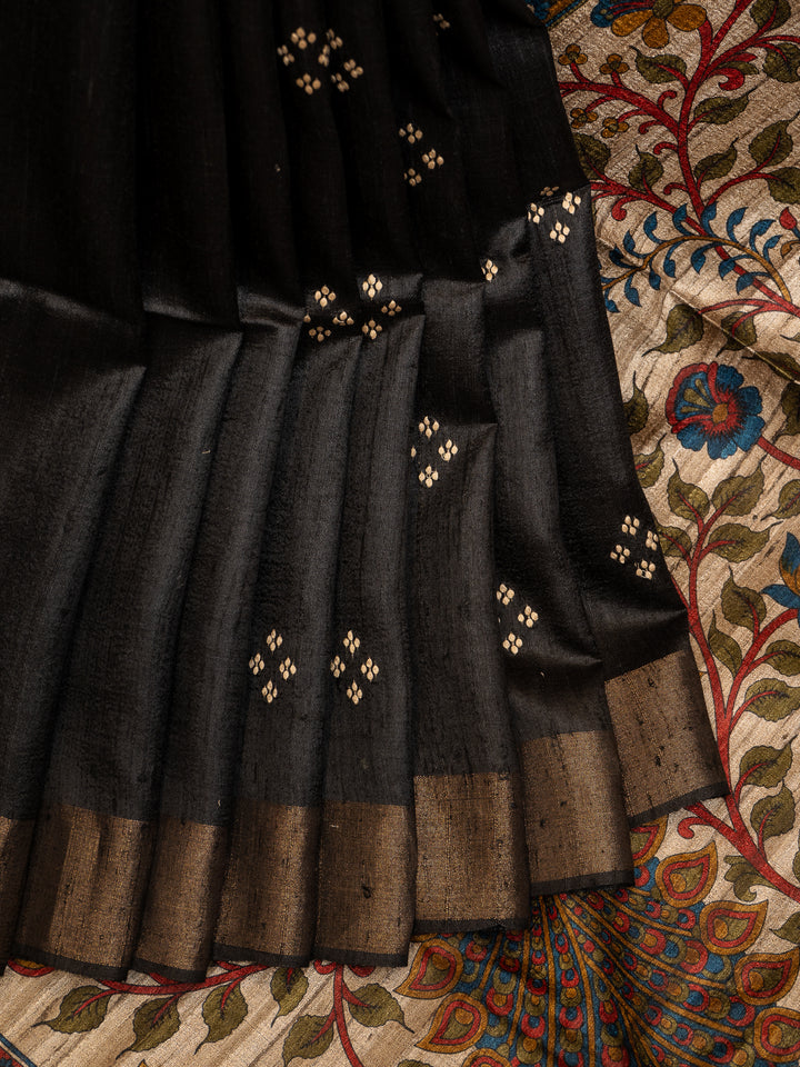 Black Embroidered Kalamkari Hand Printed Pure Tussar Saree - Clio Silks