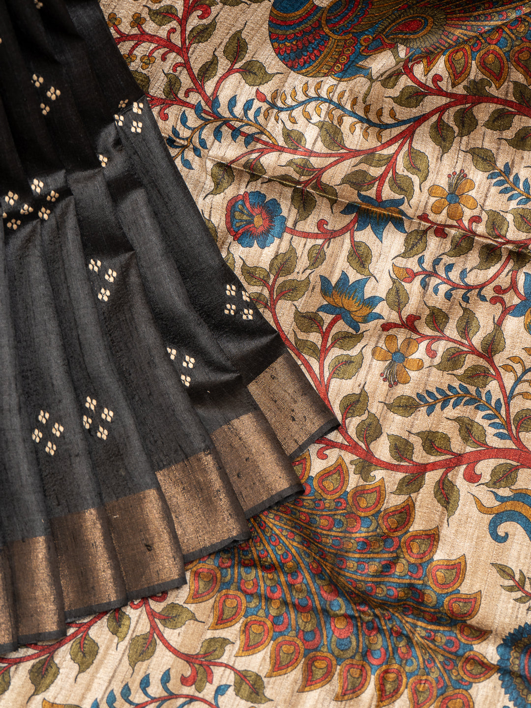 Black Embroidered Kalamkari Hand Printed Pure Tussar Saree - Clio Silks