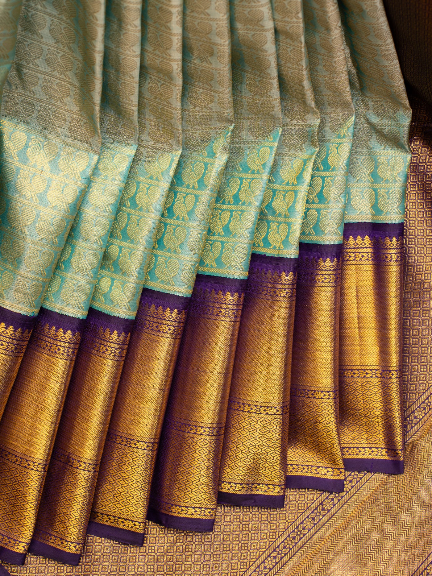 Teal blue annapakshi brocade pure zari Kanchipuram silk saree