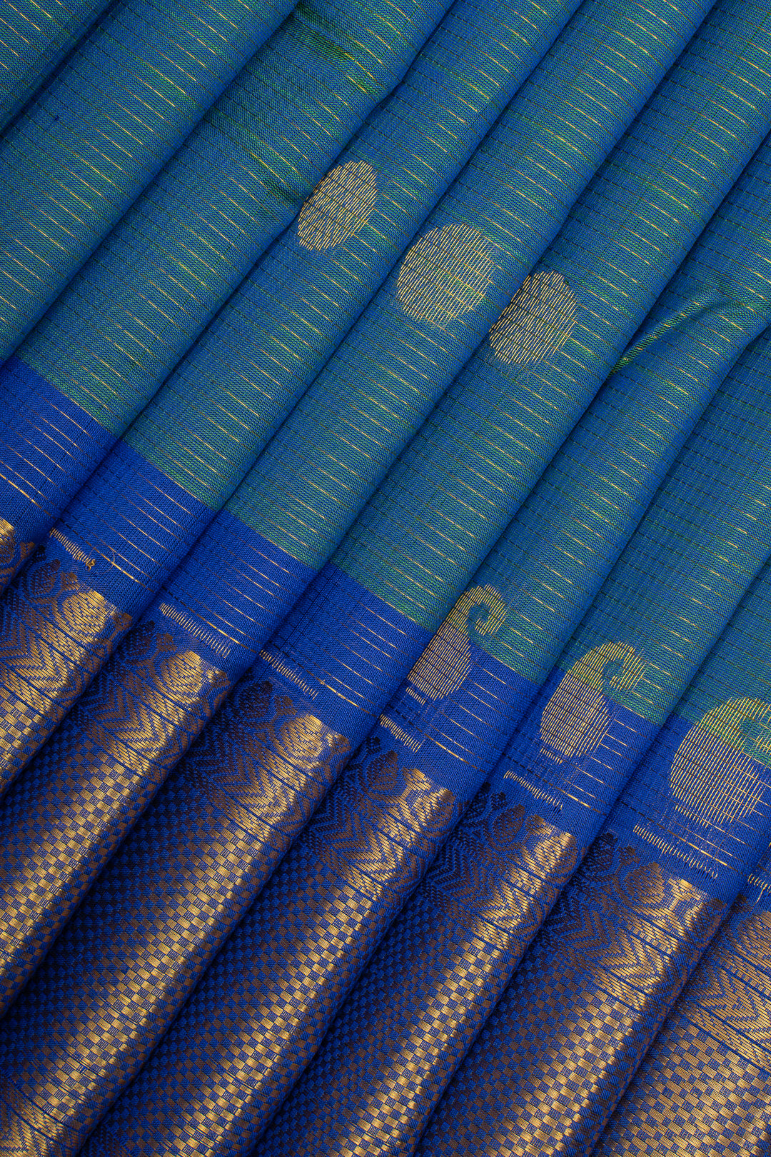 Peacock Blue Vairaoosi Stripes Pure Kanchipuram Silk Saree
