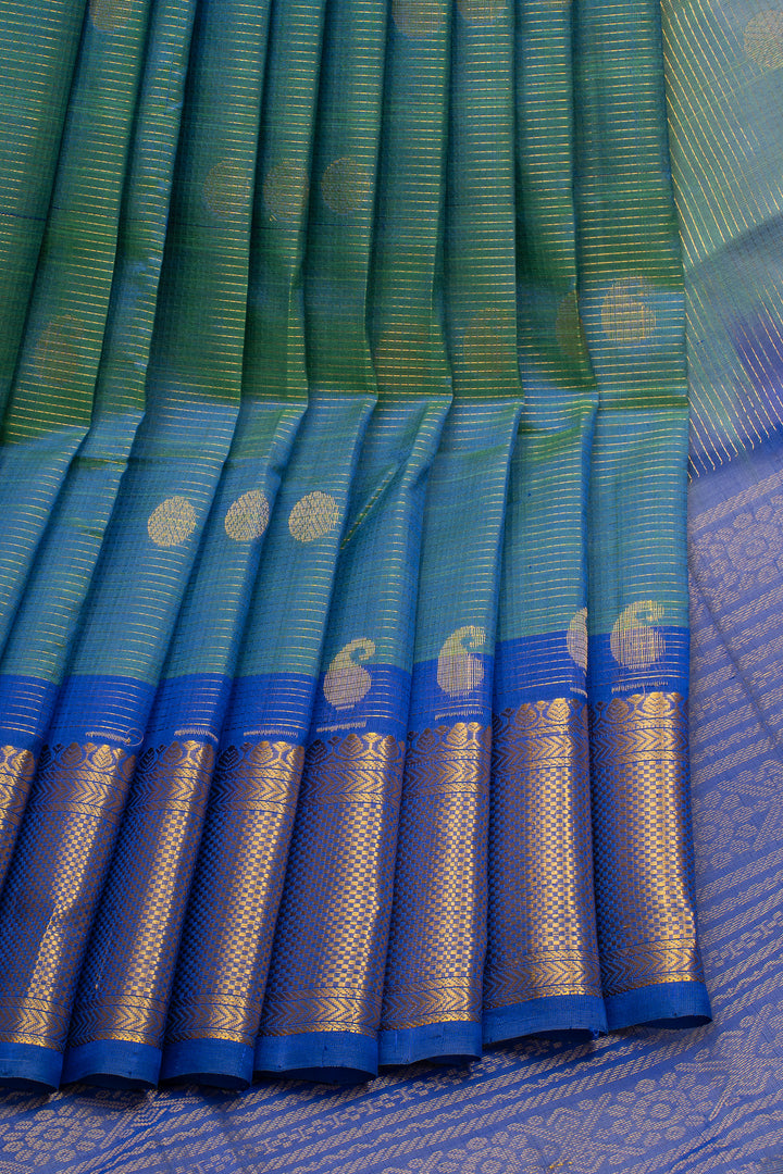 Peacock Blue Vairaoosi Stripes Pure Kanchipuram Silk Saree