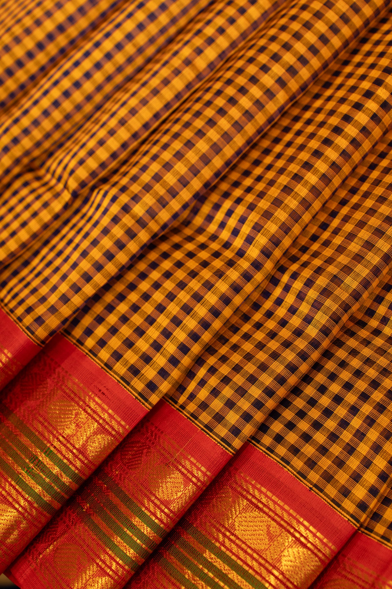 Mustard and blue checks pure silk cotton saree