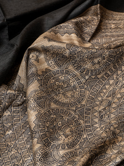Black Madhubani Hand Printed Pure Tussar Silk Saree - Clio Silks