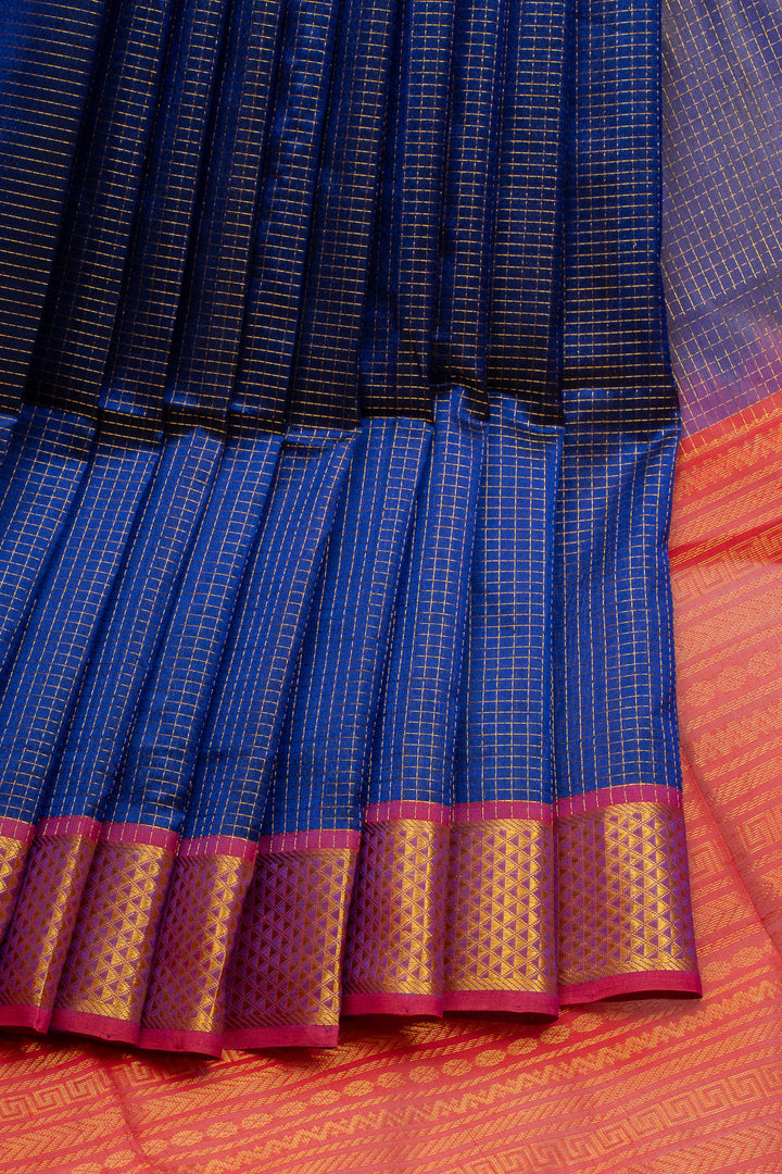 MS Blue Zari Checks Pure Kanchipuram Silk Saree