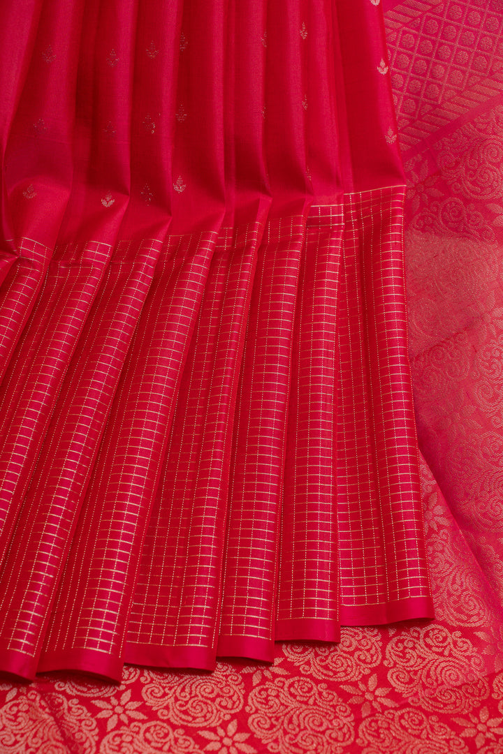 Reddish pink zari checks pure soft silk saree
