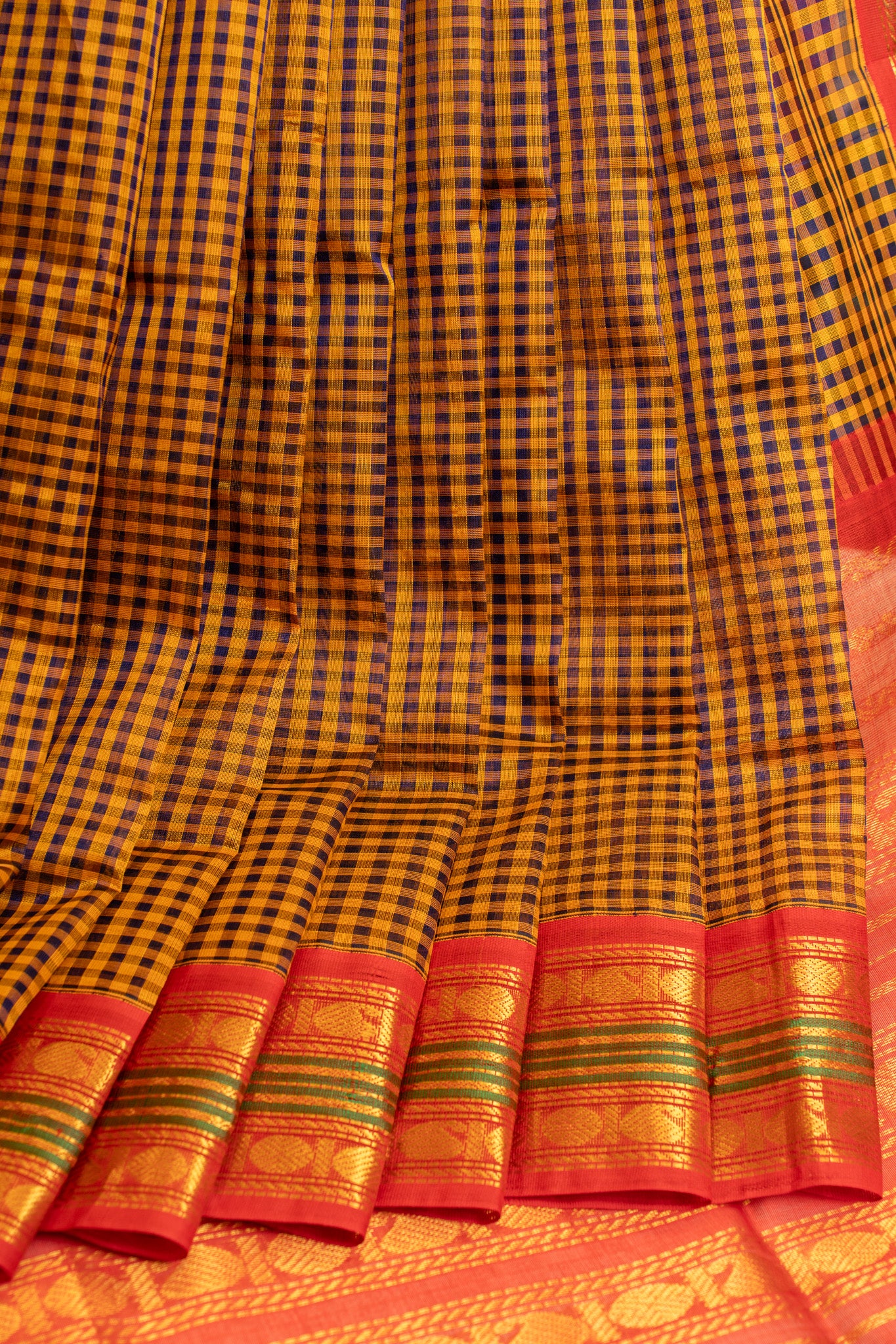 Mustard and blue checks pure silk cotton saree