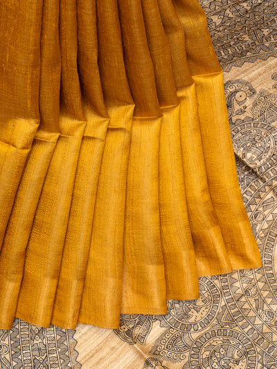 Mustard Madhubani Hand Printed Pure Tussar Saree - Clio Silks