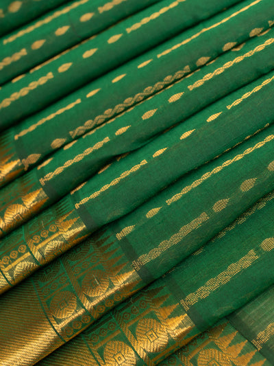 Emerald green zari ornate stripes pure silk cotton saree