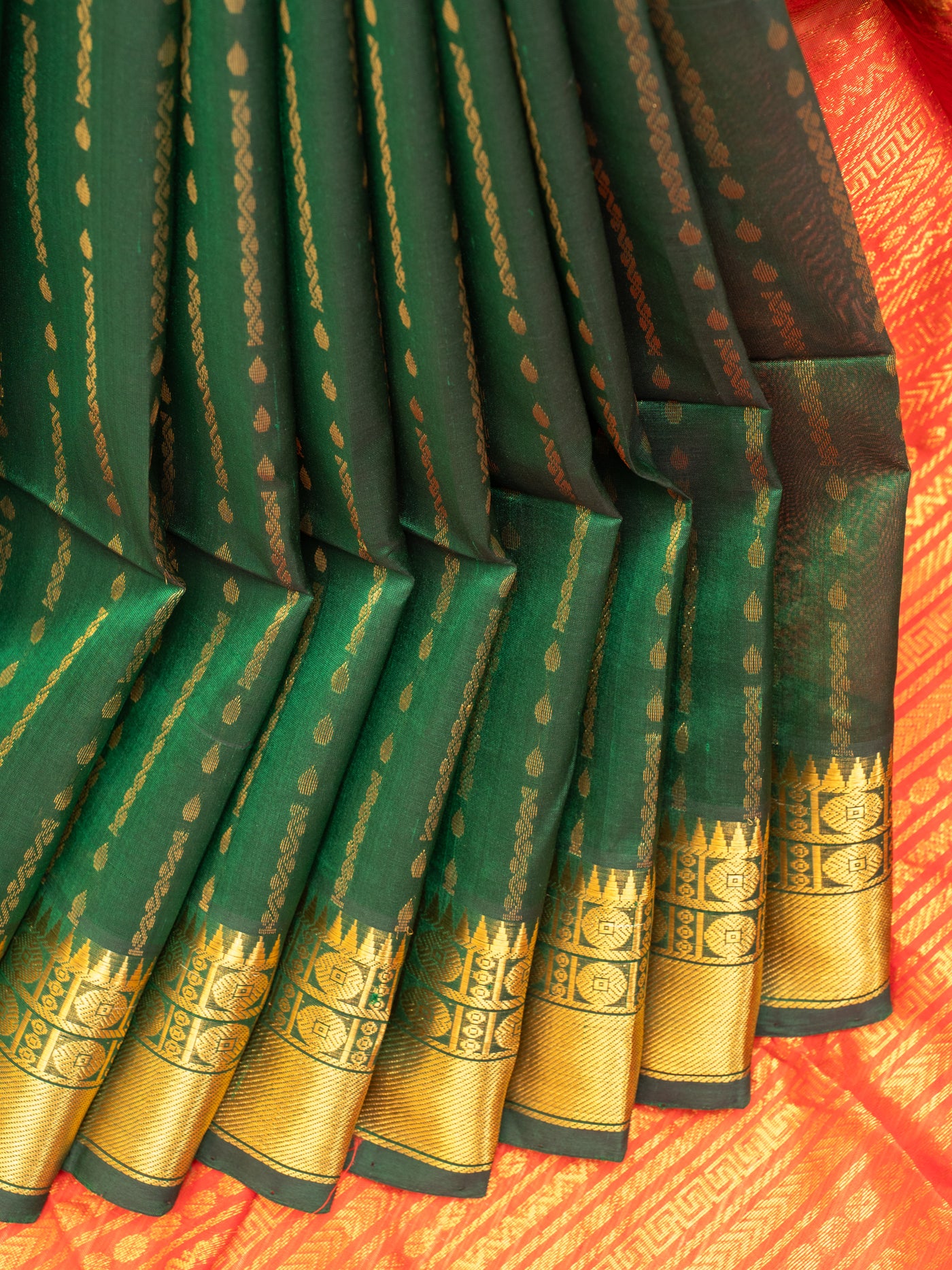 Emerald green zari ornate stripes pure silk cotton saree