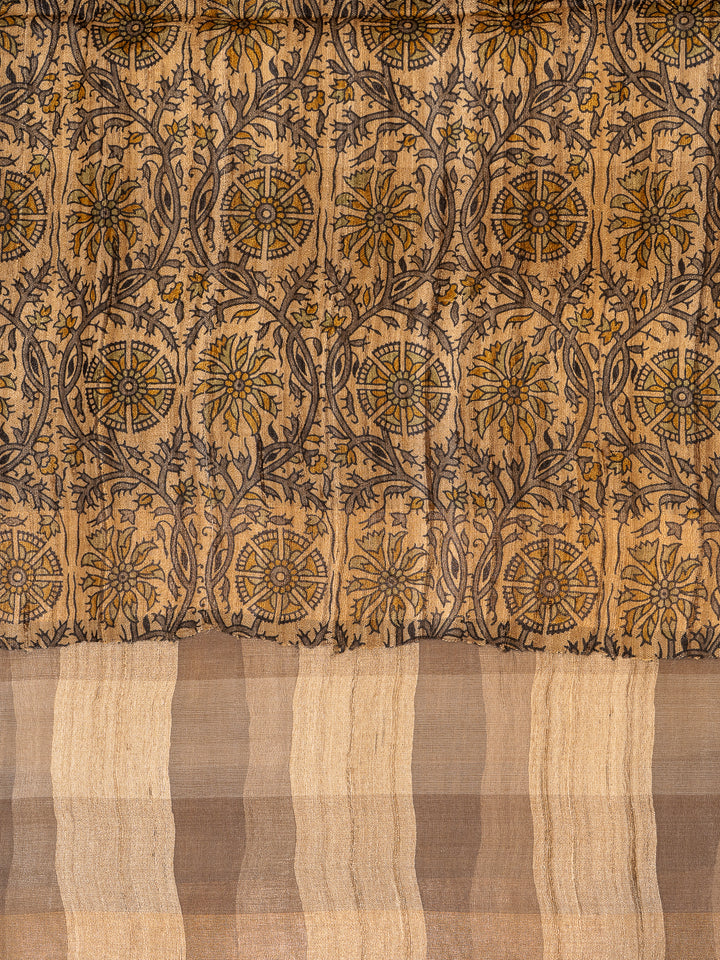 Beige Checks Pure Organza Tussar Silk Designer Saree - Clio Silks