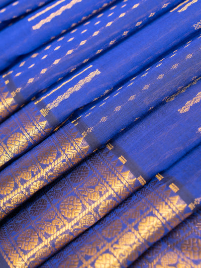 Royal blue zari orange stripes pure silk cotton saree